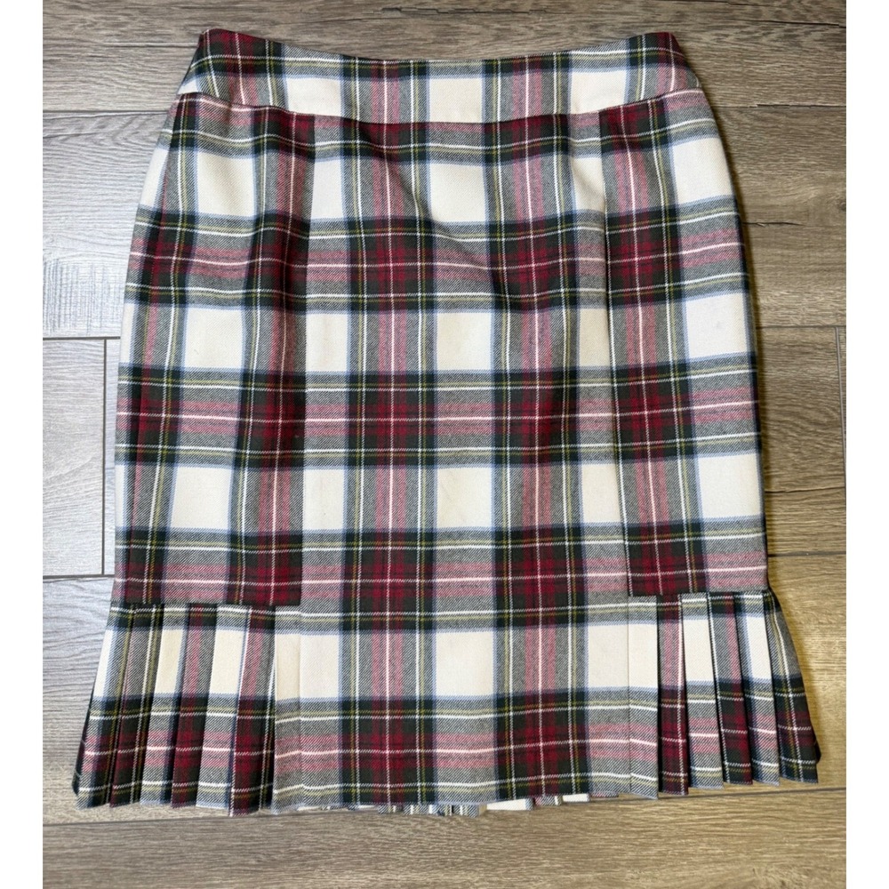 Brooks Brothers Women 12 Plaid Wool Pleated Skirt Red White FLAW Preppy Academia